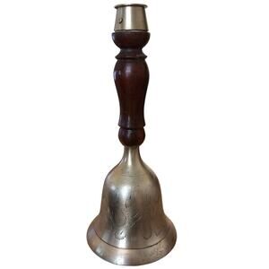 Vintage Brass Wood Hand Bell Etched Feather MCM Classic Collectible India 8.5"